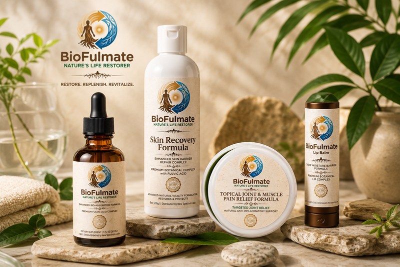 BioFulmate product family including BioFulmate Daily, Joint and Muscle Balm, Lip Replenish Balm, and Skin Recovery Crème